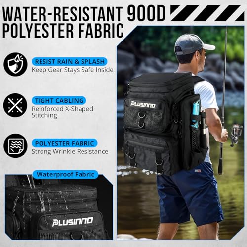 PLUSINNO Fishing Tackle Backpack with Rod Holders，42L Water-resistant Fishing Bag Store Fishing Gear,Fishing Gifts For Men. - color: Black With Box