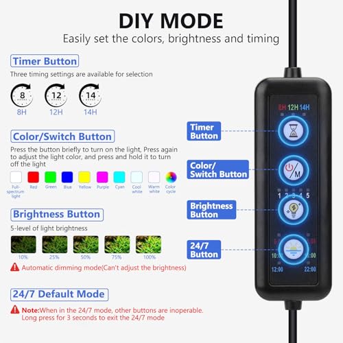 fishkeeper Clip On Aquarium LED Light, 24/7 Mode Full Spectrum Fish Tank Light with Timer, Adjustable 8 Color / 5 Brightness Simulate Sunrise-Day-Sunset-Moon for 7.87-12.99 inch Planted Tank 9W - size: 9W for 7.87-12.99 Fish Tanks