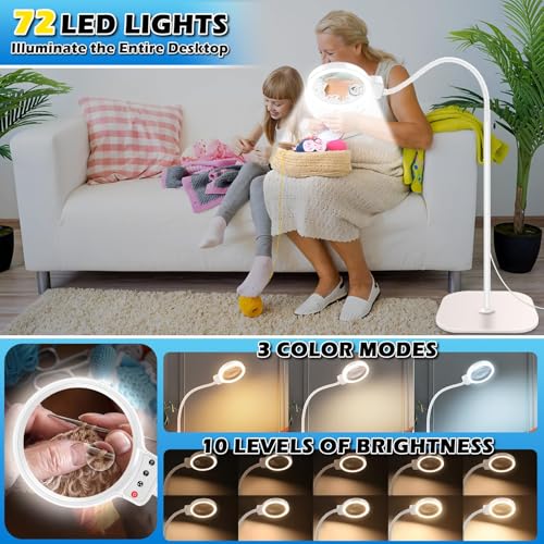 30X 10X Large Floor Magnifying Glass with Light and Stand,72 LED Flexible Gooseneck Floor Magnifying Lamp,2 in 1 Lighted Magnifiers for Close Work, Sewing,Crafts,Hobbies（White） - color: White