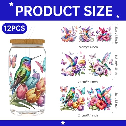 UV DTF Cup Wrap for 16oz Glass, 12 Sheets Watercolor Hummingbird UV DTF Stickers, Rub on Transfers Stickers for Mug Bottle - style: Watercolor Hummingbird