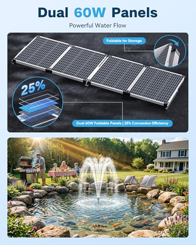 Solar Pond Filter & 1600GPH Pump Kit, 120W Foldable Solar Panel with 3-Stage Filtration, Dual Mode Fountain & Waterfall Pond Filter for Outdoor Ponds, Fish Ponds, Garden Water Features - style: 120W-Solar Powered