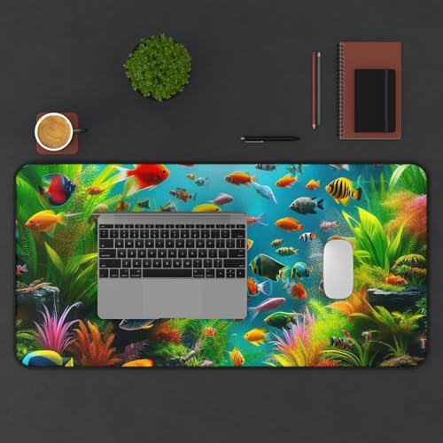 Vibrant Colorful Fish in Aquarium Desk Mat - Premium Smooth Surface with Rubber Base - size: 16" × 32"