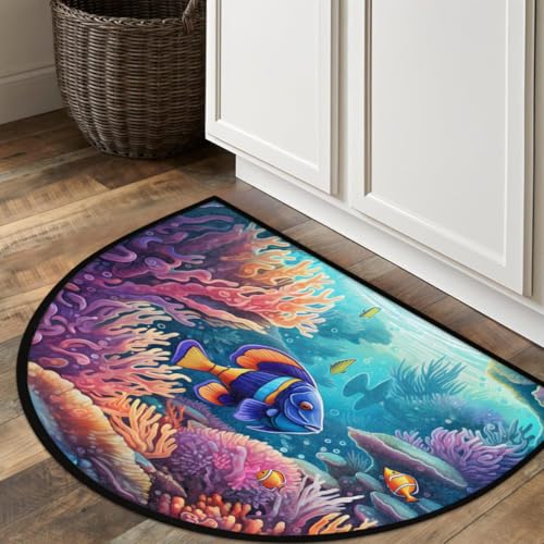 Front Door Rug Underwater Fish Coral Non-Slip Absorbent Half Round Doormat for Home Entrance Kitchen Bathroom Rubber Mats 36" x 24"