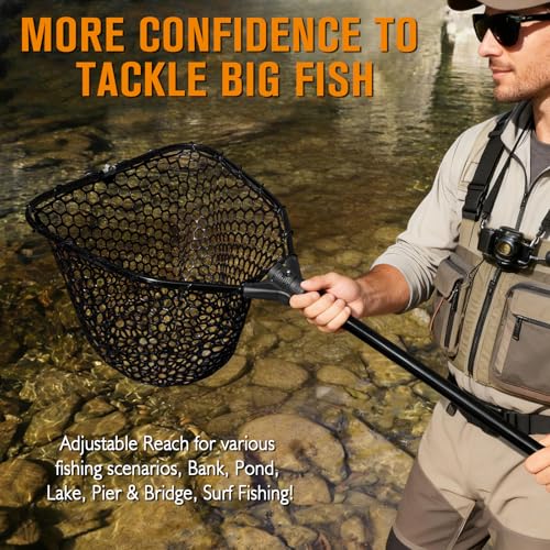 Rubber Fishing Landing Nets Telescopic Handle Nets Folding Nets with Collapsible Handle for Catch & Release Fishing Gift 17.6" dia-13.7" Depth Black/Orange