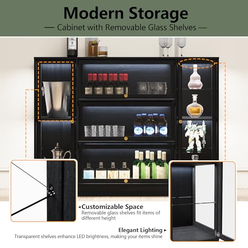 Display Cabinet with Acrylic Glass Doors,Extra Wide Curio Cabinet with LED Lighting for Collectibles, Collectibles Toy Organizers Rack & Display Shelf Display Case, Black - color: Black, size: 56" W x 42" H