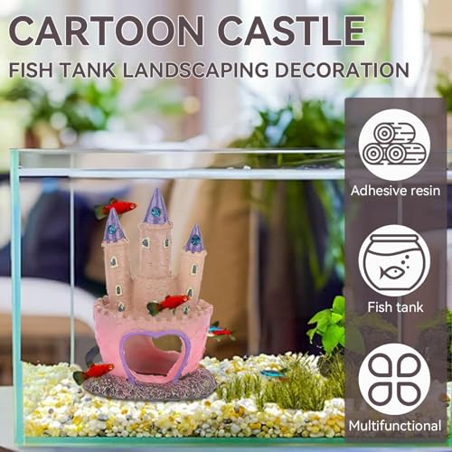HERCHR Castle Aquarium Decoration, Fish Tanks Ornament Resin Castle Cave Hideouts House Plants Supplies Accessories Safe for Freshwater and Saltwater Fish Tanks(Pink)