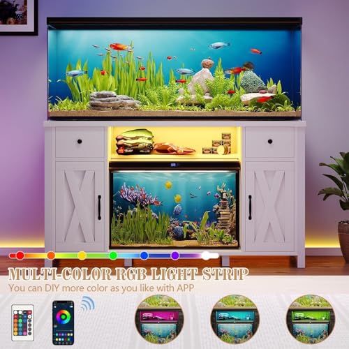 55-75 Gallon Fish Tank Stand with Power Outlet & LED Lights, 55 Gallon Aquarium Stand with Storage Drawers & Barn Doors, Heavy Duty Reptile Tank Cabinet for Turtle, Reptile Terrarium, White - color: White