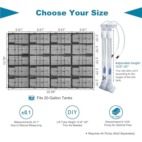 Undergravel Filter System for 20 Gallon Fish Tank, Air-Driven Biofiltration Aquarium Filter Kit with 20 Modular Plates & 2 Adjustable Lift Tubes, Cut-to-Fit Under Gravel for Clear Water - size: 20 Plates, 20 Gal