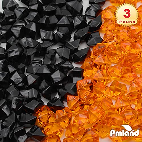 PMLAND Clear Fake Ice Rocks – 550 Pcs Large Acrylic Gems Crushed Plastic Diamonds, Black Orange (3Lbs/2.25 Quarts) – Bulk Vase Filler for Centerpieces Halloween Theme Décor Aquarium Table Scatter - color: Orange and Black
