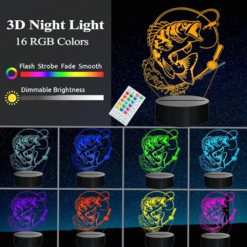 Fish Night Light, Fish 3D Illusion Lamp, Go Fishing Man Gifts with 16 Colors Changing, Timer, 4 Flash Modes and Dimmable, Kids Room Decoration, Xmas Fishing Gifts - color: Fishing