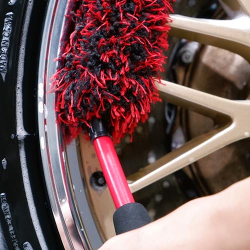 oesee Angled Wheel Brush Kit 3 Pack- Angled Microfiber Wheel Brush, Wheel Barrel Brush, Detailing Brush Scratch Free Calipers Wool Spoke Brush Cleans Brake Dust from Barrels& Hard to Reach Areas - color: Angle Red 3 Pack
