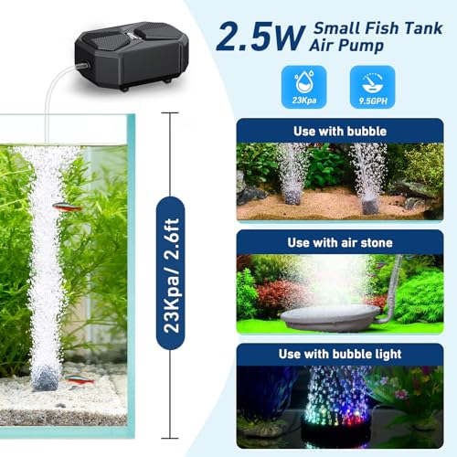 hygger Aquarium Air Pump, Ultra Quiet Oxygen Aerator with Air Stone Airline Tubing Check Valve, Aquarium Fish Tank Air Bubbler for 3 to 79 Gallon Tank and Bucket - size: Small