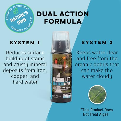 Microbe-Lift Bird Bath Clear Two-in-One Water Cleaner – 4 Oz – Safe for Birds, Fish & Frogs – Cleans Outdoor Birdbaths & Fountains – Natural Formula, Prevents Stains & Cloudiness