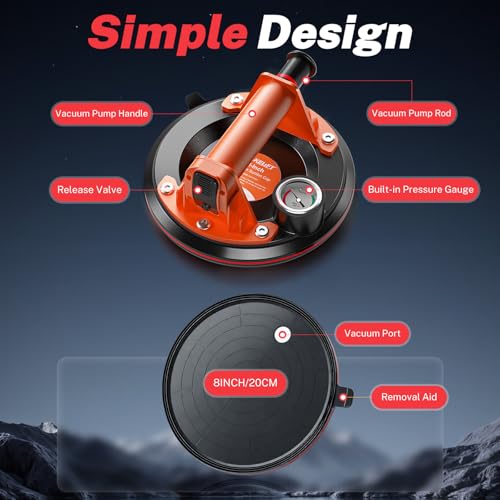 Suction Cup for Glass, 8" Tile Suction Cup Tool, 130KG Max Load, Pressure Gauge, Towel & Gloves, Heavy-Duty Vacuum Lifter for Window, Windshield, Marble, Granite and Metal (Burnt Copper Red) - color: Burnt Copper Red, size: 1-Pack