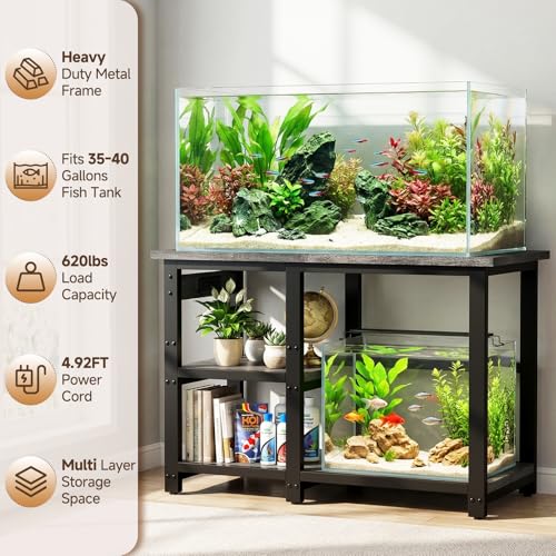 AQQA 35-40 Gallon Fish Tank Stand with 5 in 1 Power Outlets, 31x18 Inch Heavy Duty Metal Frame Aquarium Stand, Adjustable Storage Shelves, 620LBS Capacity Terrarium Stand, 3 Tiers Reptile Tank Stand