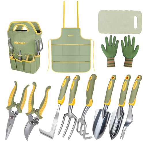Set of 12 Garden Tool, iHansee Heavy-Duty Aluminum Gardening Hand Tools with Rubber Non-Slip Handle, Garden Apron, Gloves, Kneeling Pad and Storage Bag, Garden Hand Tools Starter Kit Landscaping Tools - style: Green