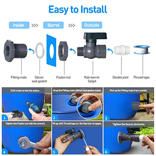 Suswillhit Rain Barrel Spigot Kit - Water Barrel PVC Garden Diverter Kit with Bulkhead Fitting Hose Faucet Adapter and Thread Seal Tape for Water Tanks, Aquariums, Tubs, Pools, Garden Barrels(1 Pack) - color: 1Pack