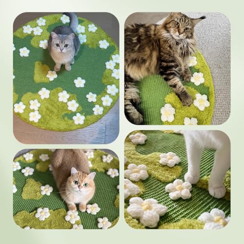 31 x 31 Inch 3D Garden Cat Scratcher Mat, Flower Sisal Cat Scratch Pad, Floor Cat Scratching Pads Rug for Indoor Cats, Protector for Wall&Carpets&Sofas, Green Moss Cat Claw Pad (White Flowers)