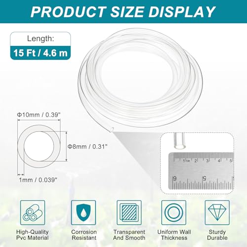 uxcell 5/16 Inch Clear PVC Tubing, 8mm ID x 10mm OD - 15ft PVC Tube Lightweight Vinyl Hose, Transparent Flexible Plastic Water Tubing for Air Oil Water Transfer Aquarium Irrigation - size: 8mm ID x 10mm OD