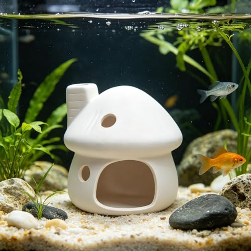 Saim White Ceramic Mushroom Aquarium Decor, Fish Tank Hideout Cave, Betta Shrimp Pleco Goldfish Breeding Hiding Shelter Ornament - color: White