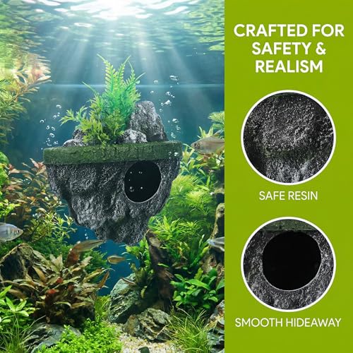Homoyoyo Floating Aquarium Decor, Fish Tank Decorated Rock for Betta Fish Guppies Goldfish Shrimps Hermit Crabs Realistic Rock Tank Ornament with Hideaway Shelter Safe Resin Material 7.48X5.31X4.33In