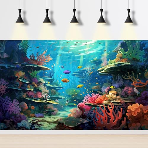 Under The Sea Aquarium Background Tropical Sea Underwater Terrarium Background Oceanarium Colorful Marine Panorama Fish Tank Backdrop Ocean Underwater World with Sunbeams Background Poster 24x12in - color: Blue Red, size: 24(W)x12(H)in