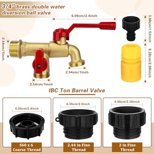 IBC Tote Hose Adapter Dual Outlet Faucets 275-330 Gallon IBC Tote Water Tank Fittings,3/4''NPT to Double 3/4''GHT Outlet Brass Garden Hose Valve with 3 Adapter,Apply to IBC Containers, Ton Barrels - color: Dual Outlet valve
