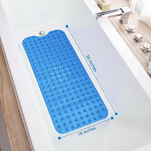TEESHLY Bathtub Mats for Shower Tub, Extra Long Non-Slip 39 x 16 Inch Bath Mat with Drain Holes and Suction Cups, BathMat for Bathroom with Machine Washable (Clear Blue) - color: Clear Blue
