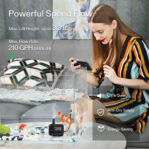 VIVOSUN 2-pack 210GPH Submersible Pump(800L/H, 8W), Ultra Quiet Water Pump with 3.3ft High Lift, Fountain Pump with 5ft Power Cord, 2 Nozzles for Fish Tank, Pond, Aquarium, Statuary, Hydroponics - size: 2 Pack 210GPH