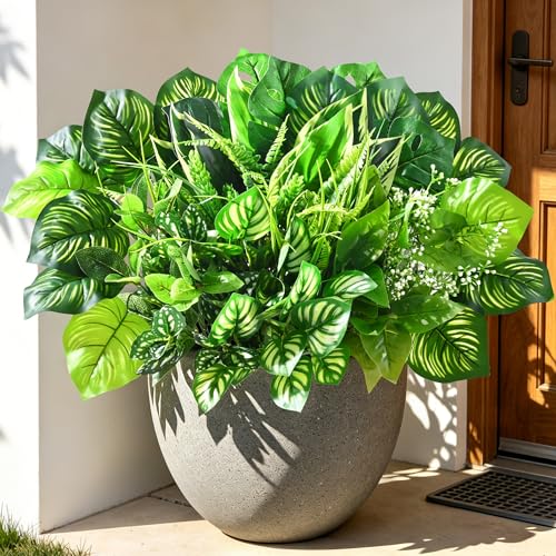 Livole 12Pcs 12 Styles Artificial Plants Outdoor Realistic UV Resistant Artificial Flowers Large Bunches Faux Plants Greenery Stems Boston Fern for Garden Porch Planter Window Box Home Decor - size: 12Pcs