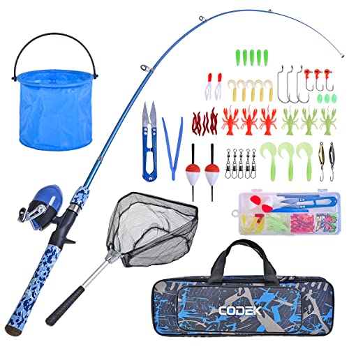 CODEK Kids Fishing Pole Set with Full Starter Kits 2 Set Portable Telescopic Fishing Rod and Spincast Reel Cambos with a Fishing Net and 2 Buckets for Boys Girls and Youth - color: Blue-