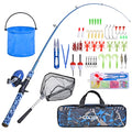 CODEK Kids Fishing Pole Set with Full Starter Kits 2 Set Portable Telescopic Fishing Rod and Spincast Reel Cambos with a Fishing Net and 2 Buckets for Boys Girls and Youth - color: Blue-