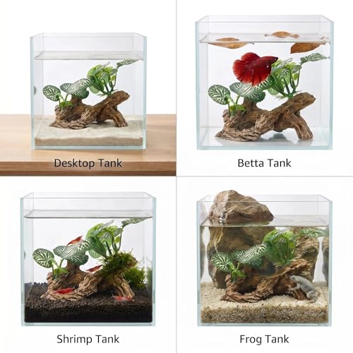 Aquarium Driftwood Decor 4 Inch - Resin Driftwood with Silk Plant Leaves, Fish Tank Decoration for Betta, African Dwarf Frog, Shrimp Hideout