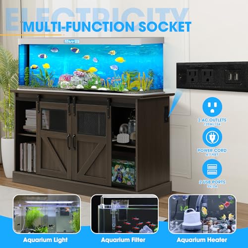 55-75 Gallon Fish Tank Stand with Sliding Barn Doors & Power Outlet, Heavy Duty Aquarium Stand with Cabinet Storage for 2 Fish Tank/Turtle Tank/Reptile Terrarium Accessories, 1260LBS (Grey) - color: Grey