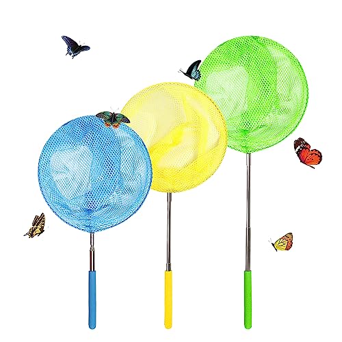 TSYAN Kids Telescopic Butterfly Fishing Nets for Kids Catching Insect Net Outdoor Tools for Catching Bugs Fish Insect Ladybird, Extendable 34 Inches and Anti Slip Grip (3Pcak) - color: 3 Pack