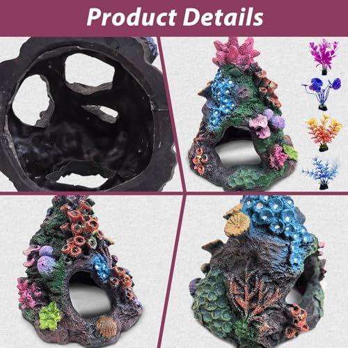 PINVNBY Colorful Coral Small Fish Tank Decorations with 4PCS Artificial Aquarium Plants, Resin Mountain Ornament for Goldfish Betta Fish Tank Cave Hideout Sleep Rest Play Breed - size: L，4 PCS water plants