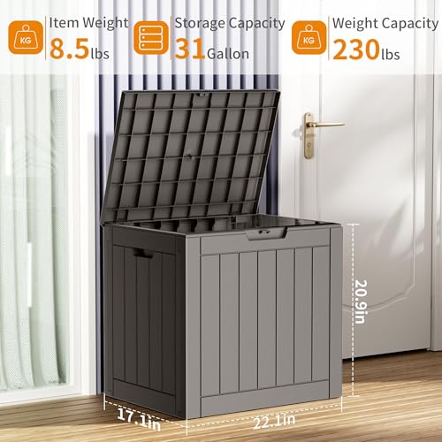 PatioZen 31 Gallon Resin Deck Box, Lockable Patio Outdoor Storage Box for Furniture, Garden Tools and Tools Storage, Waterproof Outside Storage Boxes - Grey - color: Grey, size: 31 Gallon