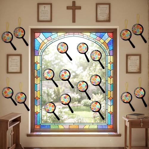 Renbuzhu 48PCS Sunday School VBS Crafts Bulk: Paper Magnifying Glass Nativity Suncatchers, Jesus Religious Christian Activity DIY Kits Church Decorations, Window Stained Glass Effect Art Supplies - style: magnifying glass