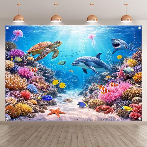 Fabric 7x5ft Under The Sea Photography Backdrop Ocean Underwater World Animals Tropical Fish Dolphin Turtle Mermaid Sunlight Background Kids Party Decorations Photo Props - size: 7'x5'