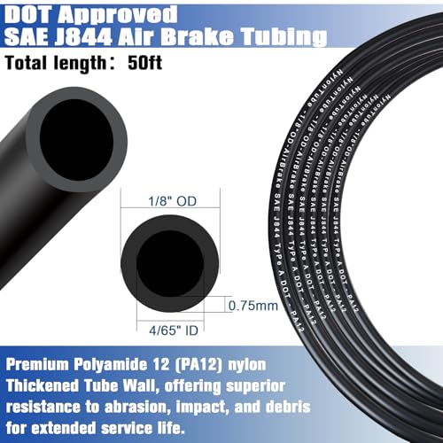 50FT 1/8" OD DOT Air Line Black SAE J 844 PA12 Nylon Air Brake Tubing with Cutter and Teflon Tape, Pneumatic Nylon Air Line Hose for Semi Truck Trailer Air Brake System & Fluid Transfer - size: 50FT-1/8"OD