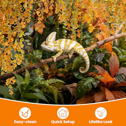RAINFLOW 3 PCS Fake Hanging Ferns - Fake Eucalyptus Vines for Bearded Dragon Snake Geckos Hermit Crab Lizard Chameleon Reptile Decor(Orange) - color: Orange