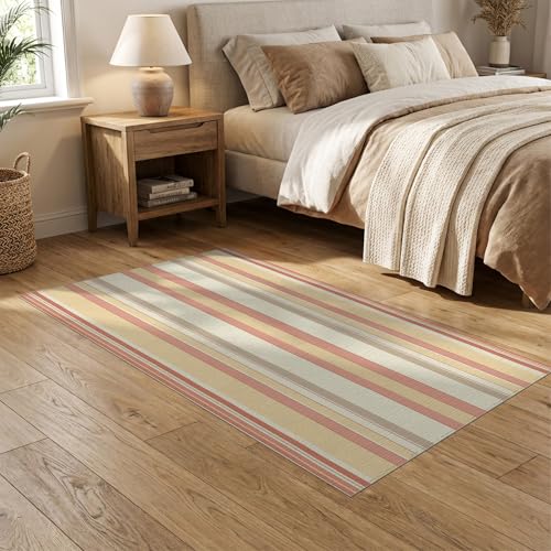 5'x7' Washable Modern Stripe Area Rug, Beige Flatwoven Floor Covering for Dining Room, Under Table, Home Office, Non-Slip Chair-Friendly Carpet | Ref:1993949 - color: Beige/Pattern 23, size: 5' x 7' (Rectangular)