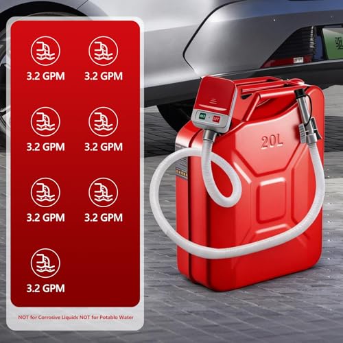 Fuel Transfer Pump (3.2GPM),Gas Can Pump with Hand Nozzle for Quick Stop Flow Control,51" Hose Automatic Gas Pump with 4 Gas Can Fittings, Battery Powered Portable Siphon Pump for Oil,Gasoline, Diesel