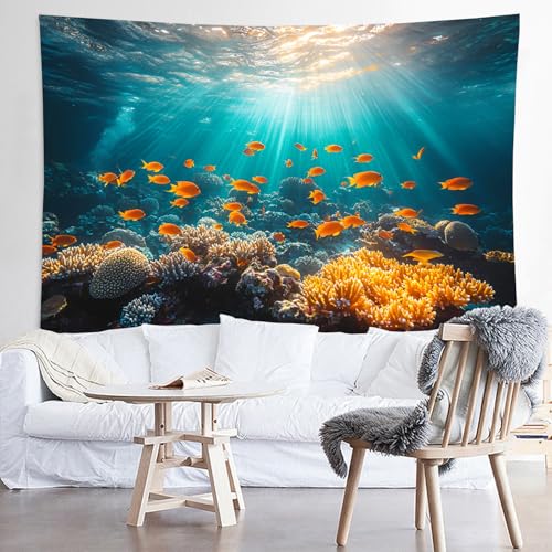 WODEJIA 3D Underwater Coral Reef Tapestry, Ocean Sunlight Fish Wall Hanging Tapestry for Bedroom Living Room Dorm, Large Blue Aquarium Marine Life Wall Art Tapestries Home Decoration（79“x59”Inches） - color: Marine Coral, size: 79"L x 59"W
