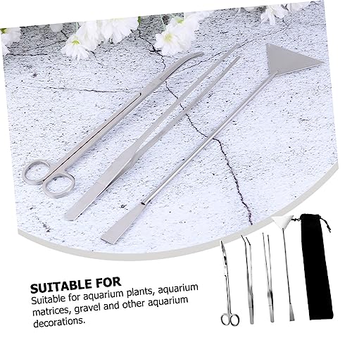 POPETPOP 1 Set Stainless Steel Aquarium Cleaning Tool Aquascaping Kit with Straight and Curved Tweezers Scissors and Storage Pouch for Fish Tank Maintenance and Plant Care