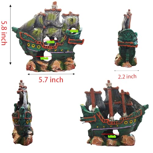 Aquarium Decor Kit, Fish Tank Accessories - Resin Broken Sailboat | Betta Fish Hideout Cave, 6 Artificial Aquatic Plants, 40+ Seashells, 1 Floating Diver, Small Tank Landscaping - color: Broken Sailboat