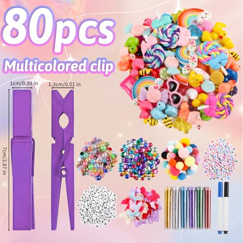 80 Set Cheer Pins Spirit Clips Clothes Wooden Pins for Backpacks Include 90 Mini Resin Animals 30 Mini Bows 500 Beads Cheer Clothespins Decorations Ribbon Team Classroom Cheer Gifts Bulk（Colorful） - style: 80Set Cheer Pins