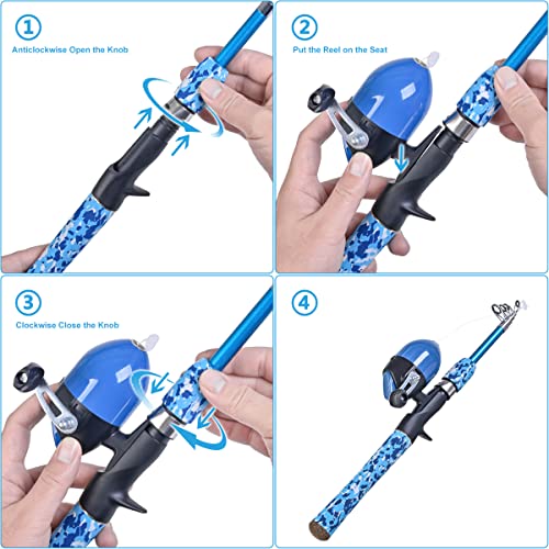 CODEK Kids Fishing Pole Set with Full Starter Kits 2 Set Portable Telescopic Fishing Rod and Spincast Reel Cambos with a Fishing Net and 2 Buckets for Boys Girls and Youth - color: Blue+Orange