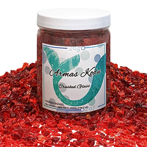 1.5 lb Red Crushed Glass for Resin Art and Crafts, 3-6mm Chunky Broken Glass Pieces, Solid Color Irregular Shards for Geode, Vase Filler, Aquarium Decor & DIY Crafts - color: 90%red/10%orange
