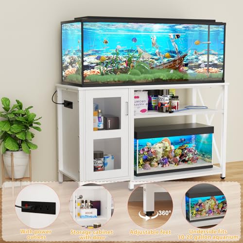 BEURUKU 55-75 Gallon Fish Tank Stand with Cabinet, Aquarium Stand for Fish Tank Accessories Storage, Heavy Duty Metal Terrarium Stand, 52" L*19" W Tabletop, 1200LBS Capacity, White - color: White, size: 55-75 Gallon